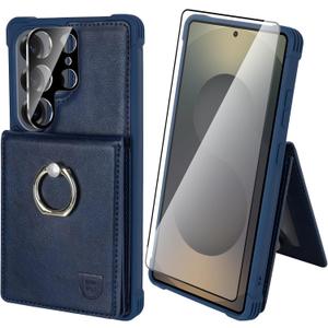 VANAVAGY Wallet Case for Galaxy S25 Ultra for Women Men, PU Leather Phone Case Wallet with Magnetic Clasp RFID Blocking Card Holder Coin Pocket with Ring Holder for S25 Ultra 6.9 inch, Navy Blue