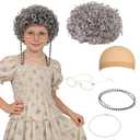 80s Granny Wig Old Lady Costume Set, 100 Days Costume for Kids Elderly Woman Accessories Grandma Wig Wig Caps Madea Granny Glasses Eyeglass Retainer Chain Faux Pearl Necklace for Cosplay Party (Grey)