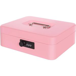 Cash Box with Money Tray and Combination Lock, Metal Money Box for Cash Register Petty Cash Lock Box for Christmas Gift 9.84" x 7.87" x 3.54" Pink