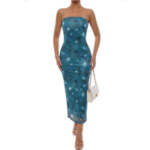 Rooscier Women's Strapless Long Dress Mesh Bodycon Summer Wedding Guest Dresses (Blue, L)