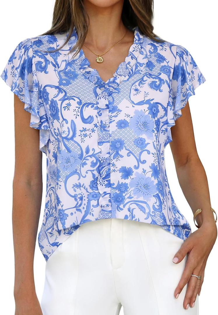 GRACE KARIN 2026 Boho Tops for Women Dressy Casual,Ruffle Sleeve Chiffon Blouses Floral Shirts,V Neck Summer Fashion Clothes, L