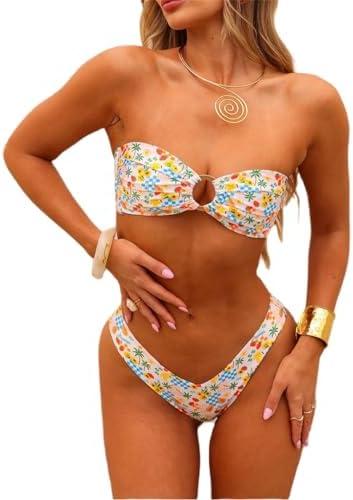 Alyweatry Women Floral Bandeau Bikini Set O Ring Strapless Tie Back Bikini Top High Cut Cheeky Thong Bathing Suit S