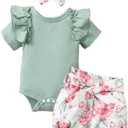 Newborn Baby Girl Summer Clothes Infant Girl Outfit Ruffle Romper Short Set Cute Baby Clothes for Girl, 2 Pack