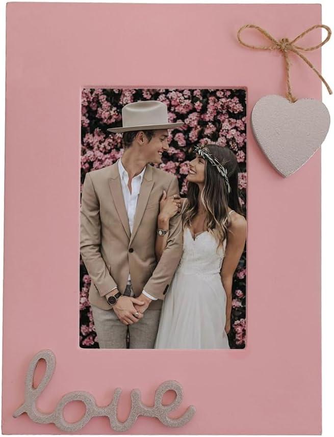 4x6 Love Picture Frame Pink Vertical with Silver Heart for Table Top and Wall Mounting-Distressed Wooden Photo Frame HD Glass Inside (pink3)