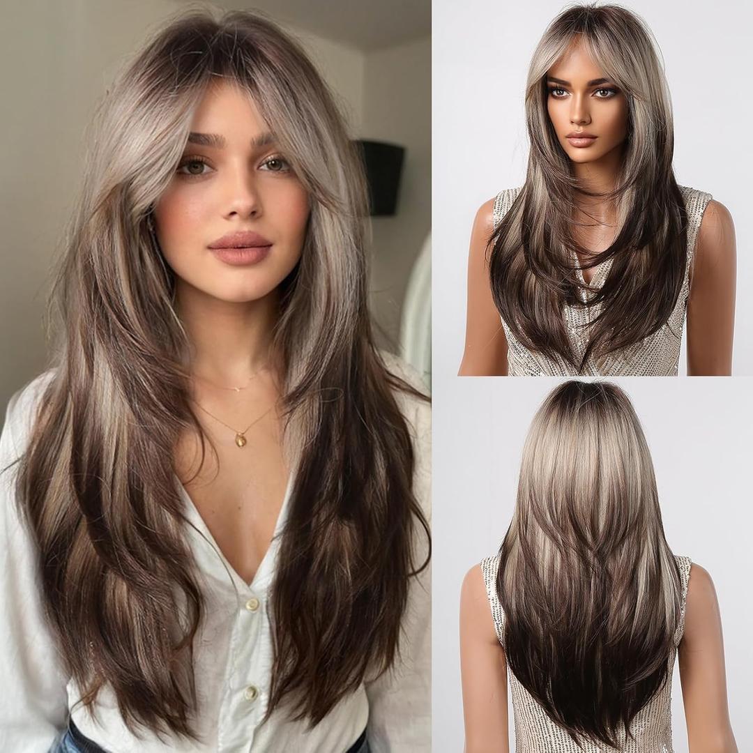 testar Blonde Brown Wigs For Women 24IN Long Blonde Straight Wigs With Curtain Bangs Cosplay Colorful Wig Synthetic Layered Wigs For Daily Party Haloween/Christmas Use,  Blonde Brown With Curtain Bangs