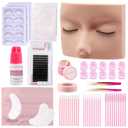 Lash Kit for Beginners, Eyelash Extension Kit with Eye Lash Mannequin Head, Eyelash Extension Glue, Remover Cream, Tweezers for Practice Training (Pink)
