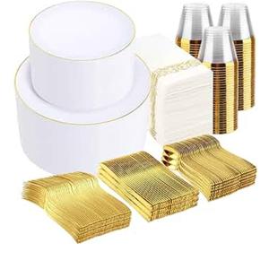 Supernal 700PCS Gold Plastic Dinnerware Set - Includes 100 White and Gold Plates Disposable, 100 Dessert Plates, 100 Plastic Silverware Set, 100 Cups 9 OZ, 100 Napkins Ideal for Wedding Party Birthday