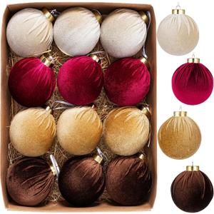 12 Pcs Velvet Christmas Ornaments Balls, 3.15 inch Velvet Christmas Tree Balls, Neutral Shatterproof Hanging Xmas Ornaments for Christmas Tree,Family, Holiday, Party Decoration, Red Coffee