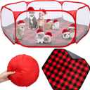 VitalCozy Hamster Playpen with Mat Small Animal Cage Tent Breathable Transparent Guinea Pig Playpen Waterproof Portable Yard Fence Mat Foldable Exercise Cage Outdoor Indoor (Red,Christmas Plaid)