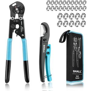 SHALL 2-IN-1 Pex Crimping Clamp Cinch & Remove Tool with Pipe Hose Cutter, Pex Pipe Fitting Crimper Tool Kit for 3/8" to 1" Stainless Steel Clamps Including 20pcs 1/2", 10pcs 3/4" Clamps & Storage Bag