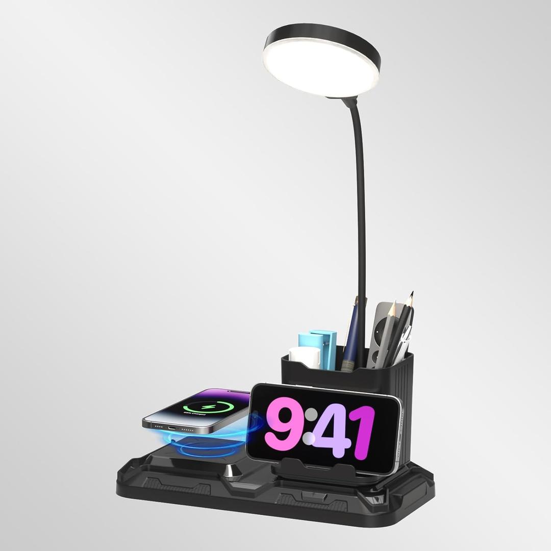 KDD 4 in 1 Desk Lamp with Wireless Charger - 360 Rotating Gooseneck Small Table Lamp with Pen Holder & Phone Stand, Adjustable White and Warm Light Dual Mode LED Desk Light for College Dorm Room