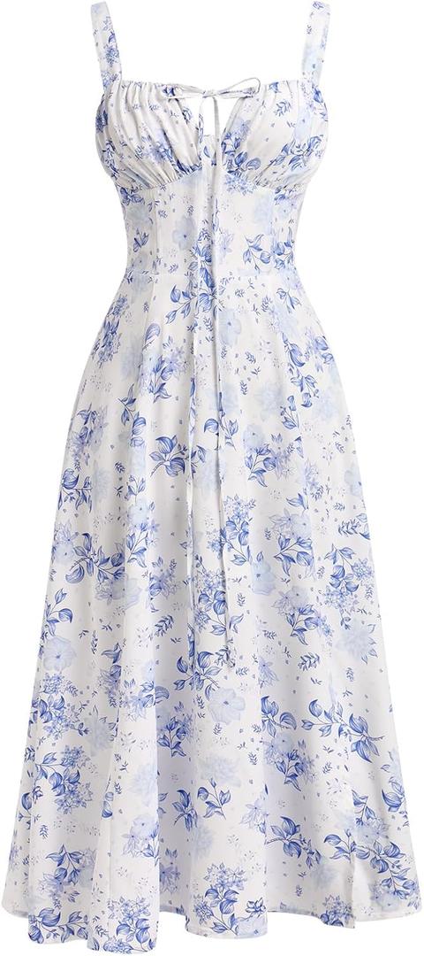 Women's Floral Corset Dress Formal Cocktail Dresses Going Out Casual Sundress Split Thigh Spaghetti Strap Vintage Dress (Medium, Blue)
