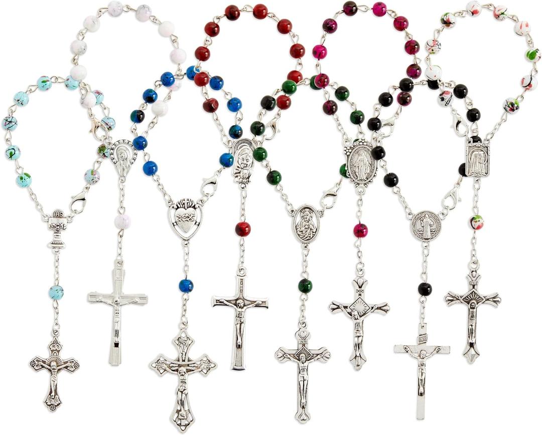 Juvale 24 Pack Small Catholic Rosary Bracelet for Women and Men - Prayer Beads for Baptism Christening, Prayer Room, Altar, Bulk Pack (8 Colors & Crucifix Designs) - Rosary Beads Bracelet