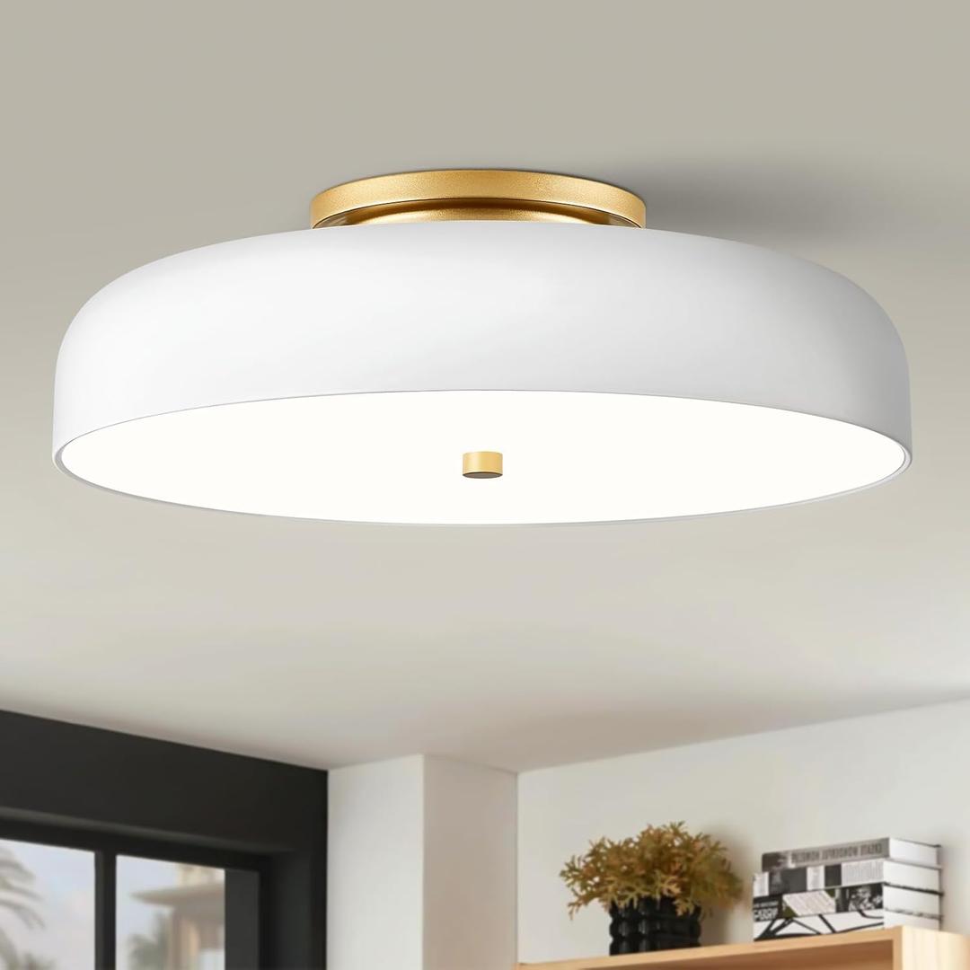 Dimmable LED Ceiling Light, White and Gold Light Fixture, Mid-Century Semi Flush Mount Ceiling Light 5CCT 2700K-6000K Ceiling Lamp for Laundry Room Kitchen, Bedroom, Hallway(15.8in)