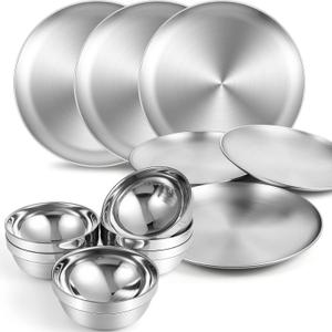 Sunnyray Stainless Steel Plates and Bowls Metal Camping Plates Reusable 13oz Steel Snack Feeding Serving Dinner Dishes Double Walled Insulated Metal Bowls for Kids(6 Set,8 Inch)