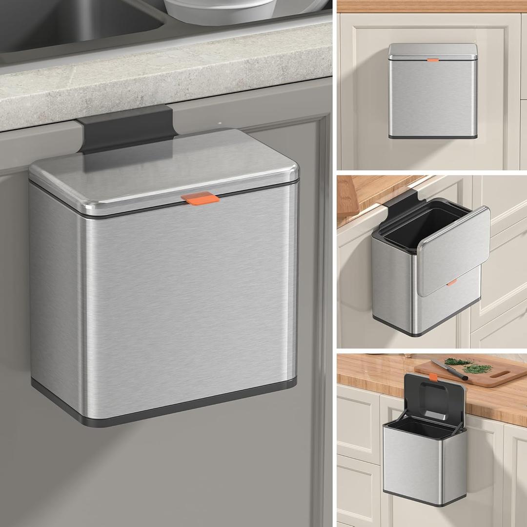 Mbillion Kitchen Compost Bin Hanging Can with Lid 1.05 Gallon Stainless Steel Garbage Can for Kitchen Cabinet Door Mounted Can Under Sink Door RV Bathroom,Silver