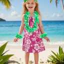 Girls Hawaiian Costume Rose Red Slip Dress with Flower Print Kids Halloween Costumes Luau Party Outfit (5-6 Years/120)