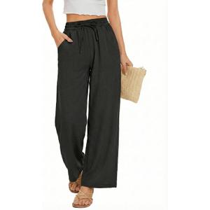 Black Linen Wide Leg Pants for Women, Beach Cover Up Palazzo Pant with Pocket, Summer High Waisted Pant Travel (Black, M)
