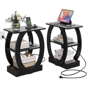 End Table Set of 2 with Charging Station, Black Side Table with USB Ports and Power Outlets, Wood Nightstand with Large Storage Shlef for Living Room Bedroom Sofa Couch, Bedside Table Night Stands