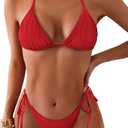 ZAFUL Textuerd Halter Bikini for Women 2 Piece Triangle Bikini Sets Sexy High Cut Bathing Suit Side Tie Swimsuits (Small, 0-wave-red)