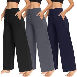 TNNZEET 3 Pack Women's Wide Leg Pants with Pockets - Casual Loose Yoga Trouser Pants Sweatpants Palazzo Lounge Pajama Pants, XX-Large