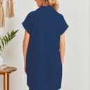 Cocoinsity Women's Casual Cotton Linen Dress Button Down Short Sleeve V Neck Loose Dress Summer Tunic Mini Dresses (Blue, S)