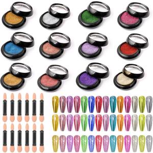 Chrome Nail Powder, 12 Colors Metallic Mirror Powder Gold Silver Blue Purple Red Pink Brown Nail Art Decoration Glitter for DIY Nail Supplies, 1g/Jar, 12 Sponge Sticks