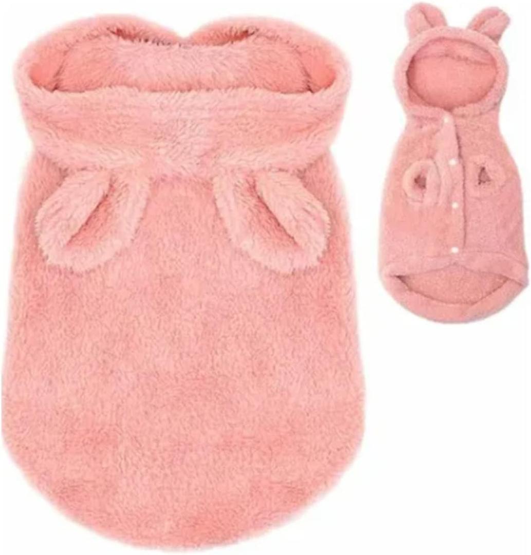 Pet Plush Clothes, Hooded Plush Fleece Dog Coat with Button Closure, Cute Bear Costume for Small Dogs in Autumn and Winter Seasons (Pink, S)