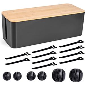 Cable Management Box - Wooden Style Large Cord Organizer to Hide Wires & Power Strips | Desk Computer Cable Organizer | Safe ABS Material | 16" (L) x 6.2" (W) 5.3" (H) | for Home & Office - Black