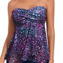 Women Starry Sky Strapless Tankini Swimsuits - 2 Piece Halter Bathing Suit Bandeau Flyaway Top with High Waist Swim Shorts L