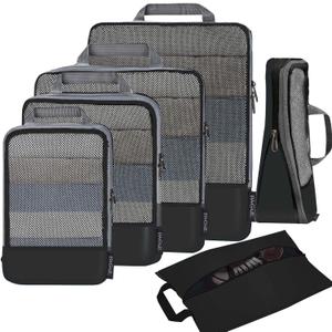 BAGAIL 4 Set/6 Set/8 Set Compression Packing Cubes Travel Accessories Expandable Packing Organizers(Black HalfMesh 6 Set) (6-Black)