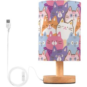 Bedside Lamp Cartoon Cat Table Lamp for Bedroom LED Nightstand Lamp Shade USB Ports Wood Base for Living Room Dorm Office (5.12x9.7in, A014)