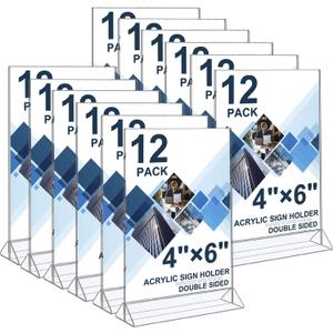 Seencool 4x6 Sign Holder - 12 Pack Small Sign Holder Acrylic Display Stand, Clear Plastic Picture Frame Paper Holder, Double Sided Table Menu Transparent Stand for Office, Home, Restaurant, Wedding