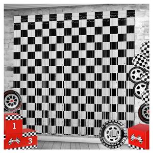 Race Car Foil Fringe Curtains Backdrop Birthday Party Decorations, 4 Pack 3.28 x 6.56 Ft Black White Foil Fringe Curtain Photo Booth Props Racing Car One Happy Dude Birthday Party Decorations