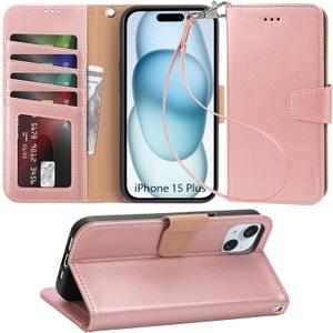 Arae Compatible with iPhone 15 Plus Case with Card Holder and Wrist Strap Wallet Flip Cover for iPhone 15 Plus 6.7 inch,Rose Gold