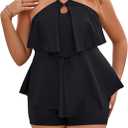 Blooming Jelly Womens Plus Size Tankini Swimsuits Two Piece Bathing Suits Tummy Control Flounce with Shorts (XX-Large, Black)