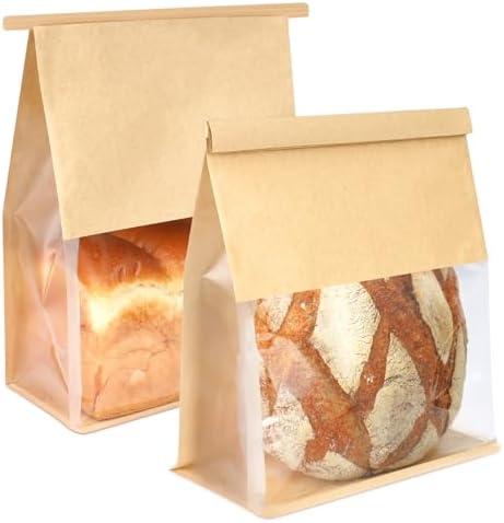 Foranda 100 Pack Bread Bags for Homemade Sourdough Bread, 8.7x4.3x11 Inches Tin Tie Tab Lock Large Bakery Bag with Window Kraft Paper Loaf Packaging Bags for Gifting & Bake Sale