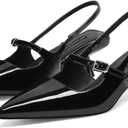 MIRAAZZURRA Slingback Kitten Heels Pumps Pointed Toe Low Heel Slip On Dress Shoes with Buckle Strap for Dating Party Working (8, Black)