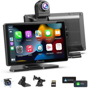 Carpuride W703 Wireless CarPlay for Apple CarPlay & Android Auto, 7" IPS Portable Car Audio Receivers with 4K Front and 1080P Backup Cam, Loop Recording/Mirror Link/Light & G-Sensor/Siri/Navigation/FM
