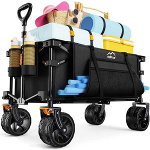 Uyittour Collapsible Wagon Cart Heavy Duty Foldable, Folding Beach Wagon with Big Wheels for Sand, Utility Grocery Cart with Side Pocket and Brakes for Camping Sports Outdoor Activities, Black