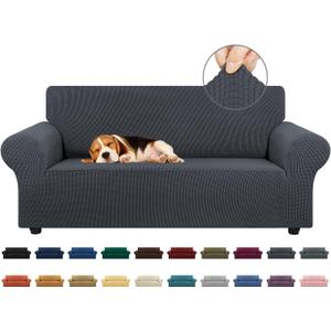 KEKUOU Stretch Loveseat Sofa Cover Slipcover,Couch Covers for 2 Cushion Couch Sofa (55"-78") Furniture Protector Sofa with Elastic Bottom for Kids,Dog. Jacquard Small Checked (Medium,Charcoal)