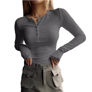 Long Sleeve Shirts for Women, Casual Solid Henley Tops Button Down Shirts, V Neck Blouses Basic Ribbed Knit Shirts for Party (Large, Gray)
