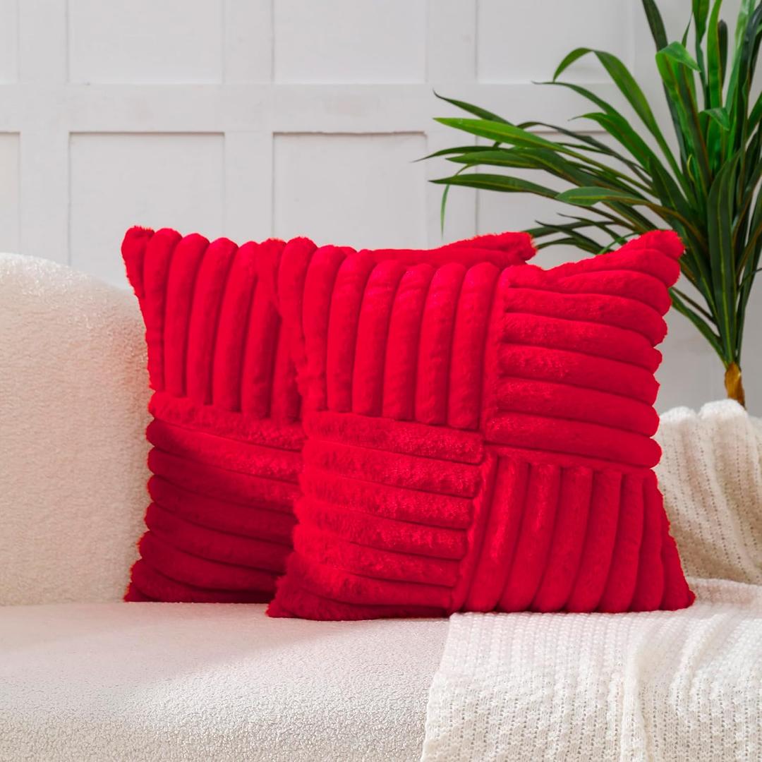 All Smiles Christmas Red Decorative Throw Pillow Covers 18x18 Set of 2 Faux Fur Plush Soft Fluffy Velvet Cushion Case Cozy Fuzzy Striped Pillowcase Home Decor for Bed Sofa Living Room