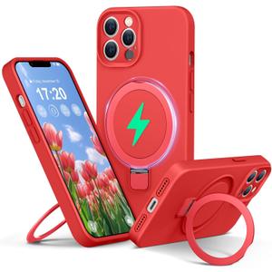 Liquid Silicone Case for iPhone 13 pro with Magnetic Ring Stand, Upgraded Camera Lens Protection, Mil-Grade Drop Shockproof, Anti-Scratch Microfiber Lining Silicone Case (Red)