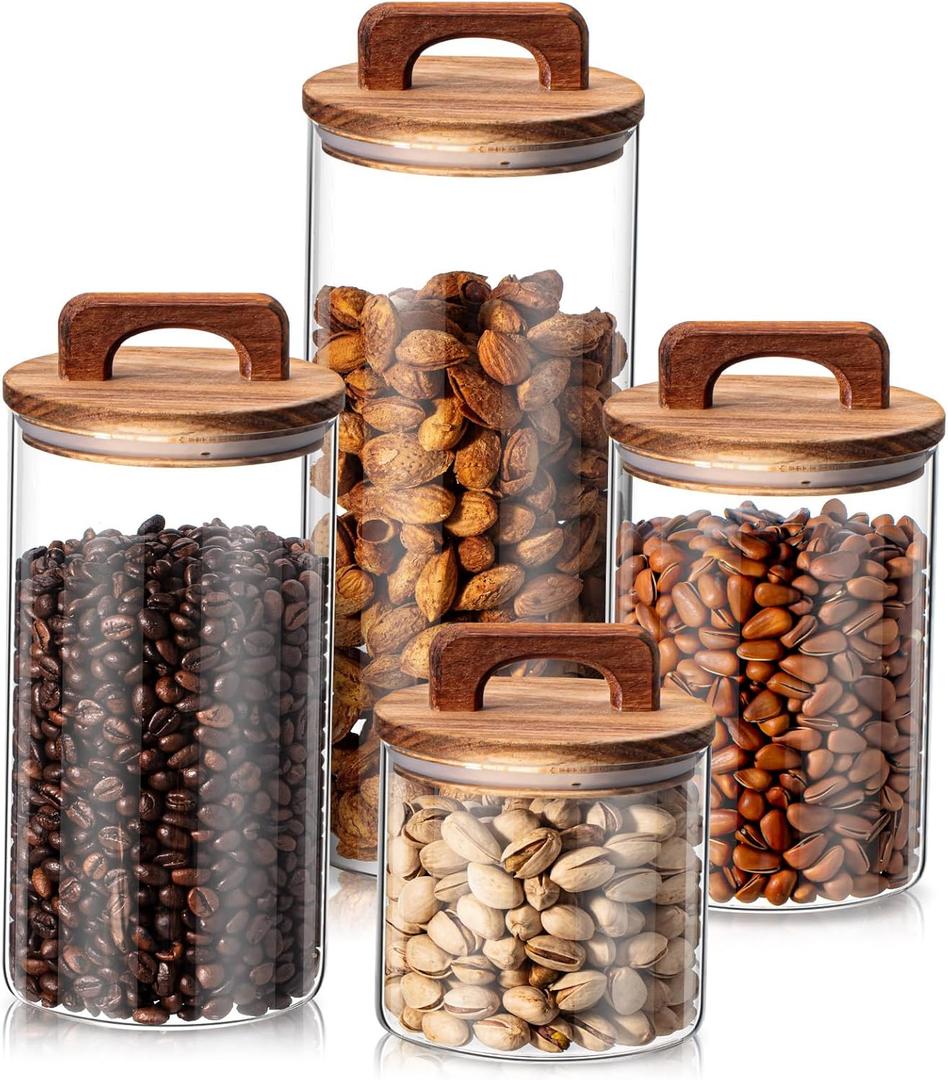 Layhit 4 Pcs Glass Food Storage Jars with Airtight Wood Lid Clear Storage Jars Containers with Stickers Marker for Candy, Cookie, Rice, Sugar, Flour, Pasta, Nuts, 4 Size