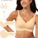Wireless Bra Women Seamless Push Up Support Comfort V Neck Full Coverage Sleep T-Shirt Everyday Bras (Beige, L)