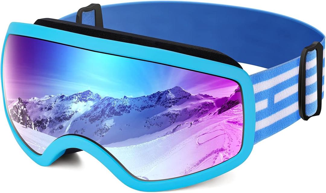 EasYoung Kids Ski Goggles Snowboard Goggles for Children, Youth, Boys & Girls 3-15 (04: Blue Frame With Green Lens)