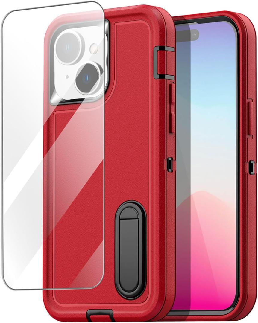 AICase for iPhone 15 Plus Case Built-in Stand with Glass Screen Protector,Heavy Duty Drop Protection Full Body Rugged Shockproof Military Protective Tough Durable Cover for iPhone 15 Plus 6.7"_6 (Energy Red/black+Glass Protector)