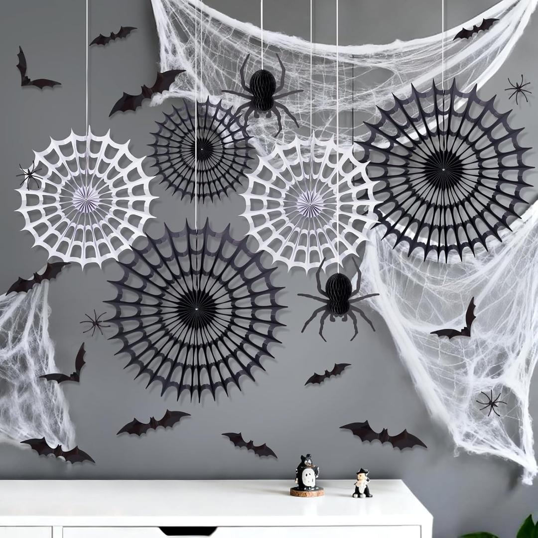 SUNBEAUTY Halloween Decor Indoor, Halloween Spider Webs for Wall, Paper Fans Decorations, 3D Halloween with Bats and Spider Webs for Wall Indoor Outdoor Halloween Party Decor