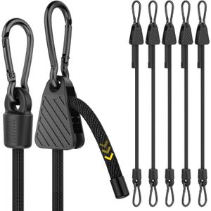 Rugtol Adjustable Bungee Cords with Hooks, 6 Pack Heavy Duty Outdoor Carabiner Bungee Cord, Black Super Elastic Bungee Straps Easily Adjust from 7" to 80", Great for Cargo, Camping, Bike Racks, Tents